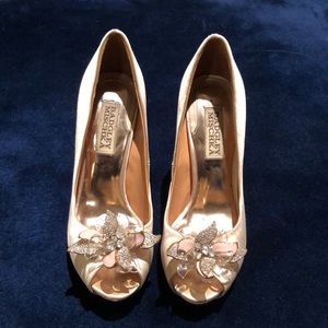 Blush Badgley Mischka Cleone heels with flower detail